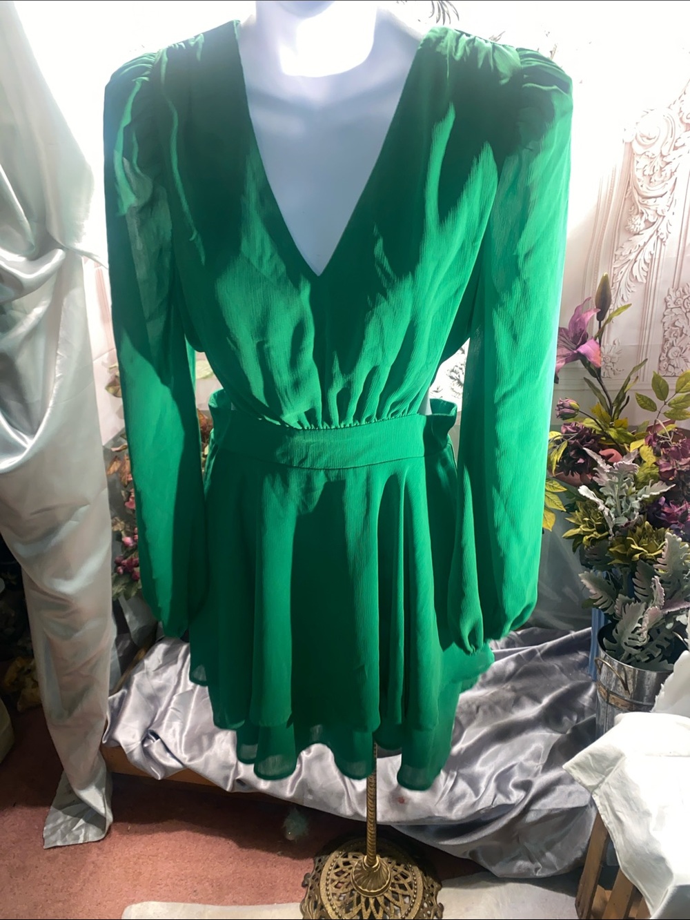 Green V-Neck Long Sleeve Mini Dress with side cutouts